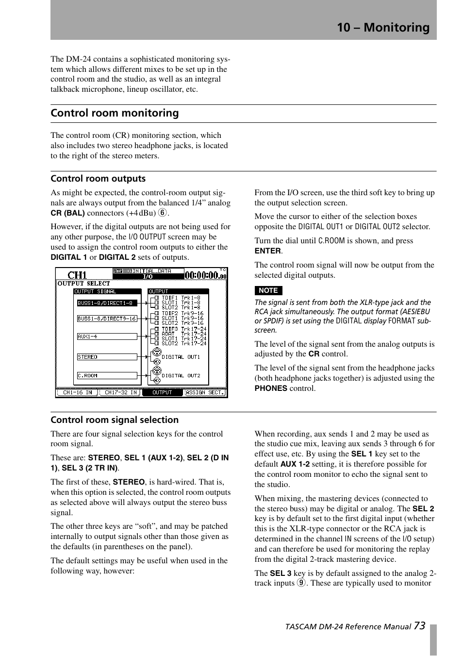 10 – monitoring, Control room monitoring, Control room outputs | Control room signal selection, Control room outputs control room signal selection | Teac DM-24 User Manual | Page 73 / 146