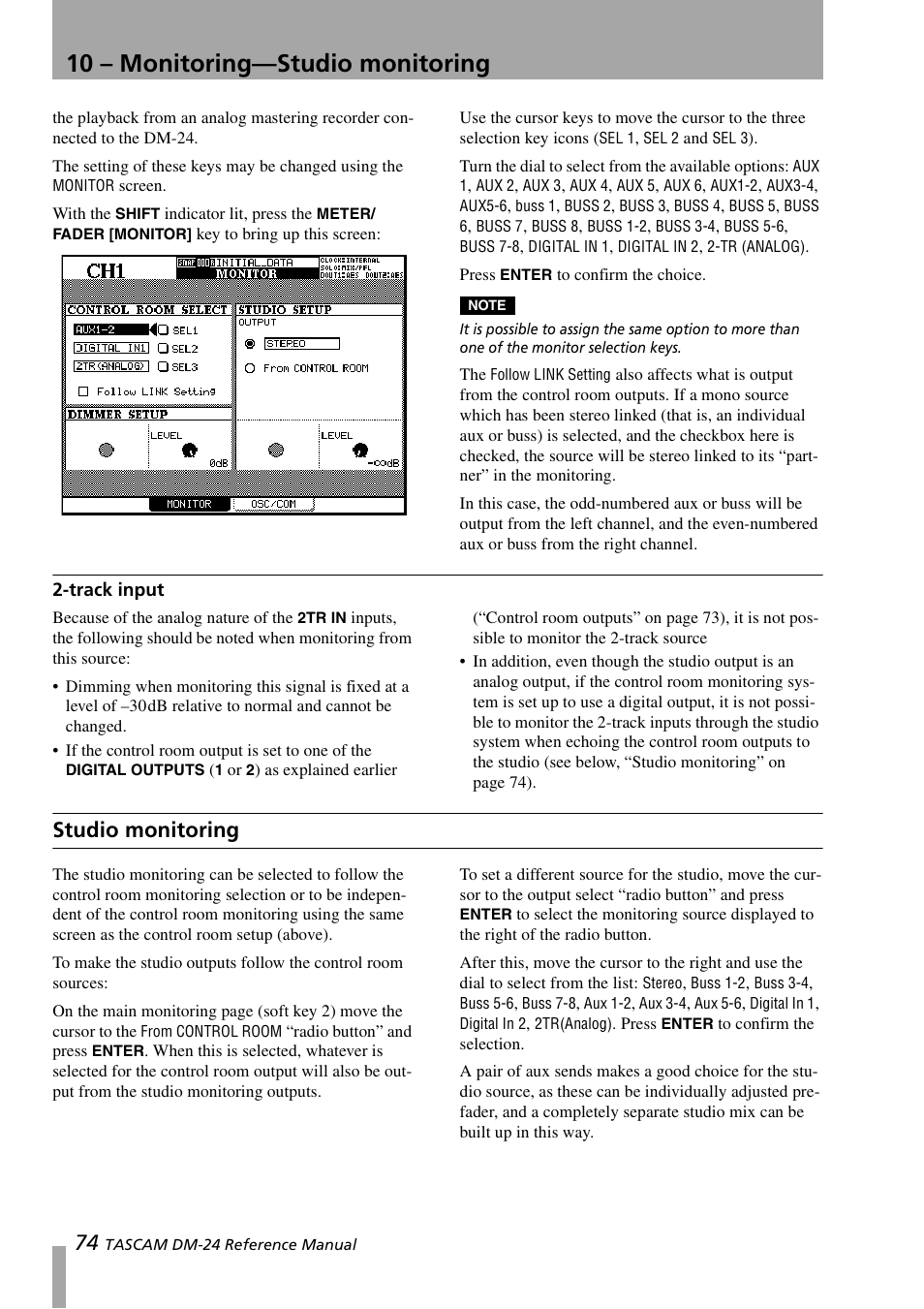 Track input, Studio monitoring, 10 – monitoring—studio monitoring | Teac DM-24 User Manual | Page 74 / 146