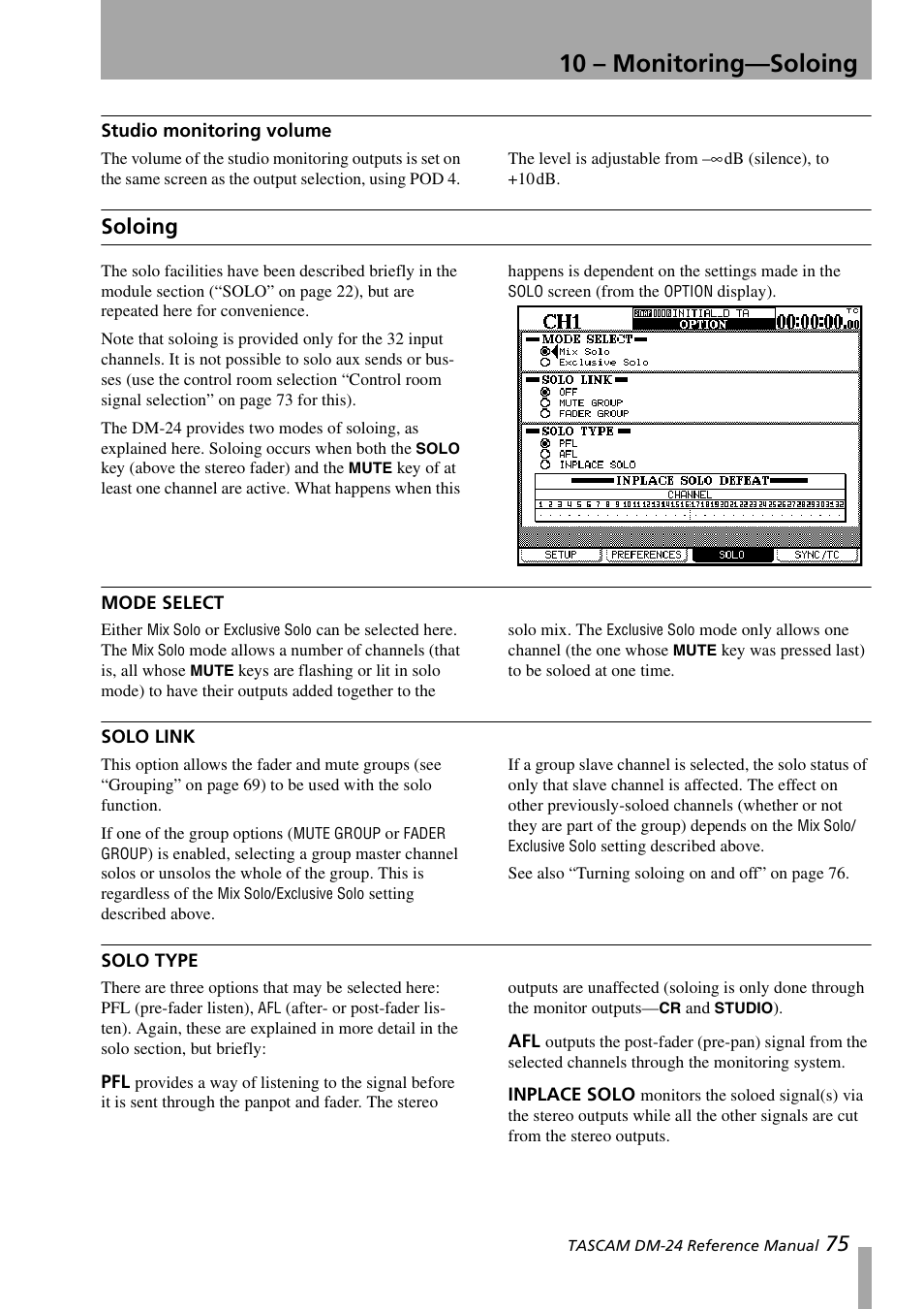 Studio monitoring volume, Soloing, Mode select | Solo link, Solo type, Inplace solo, Mode select solo link solo type, Pfl afl inplace solo, 10 – monitoring—soloing | Teac DM-24 User Manual | Page 75 / 146