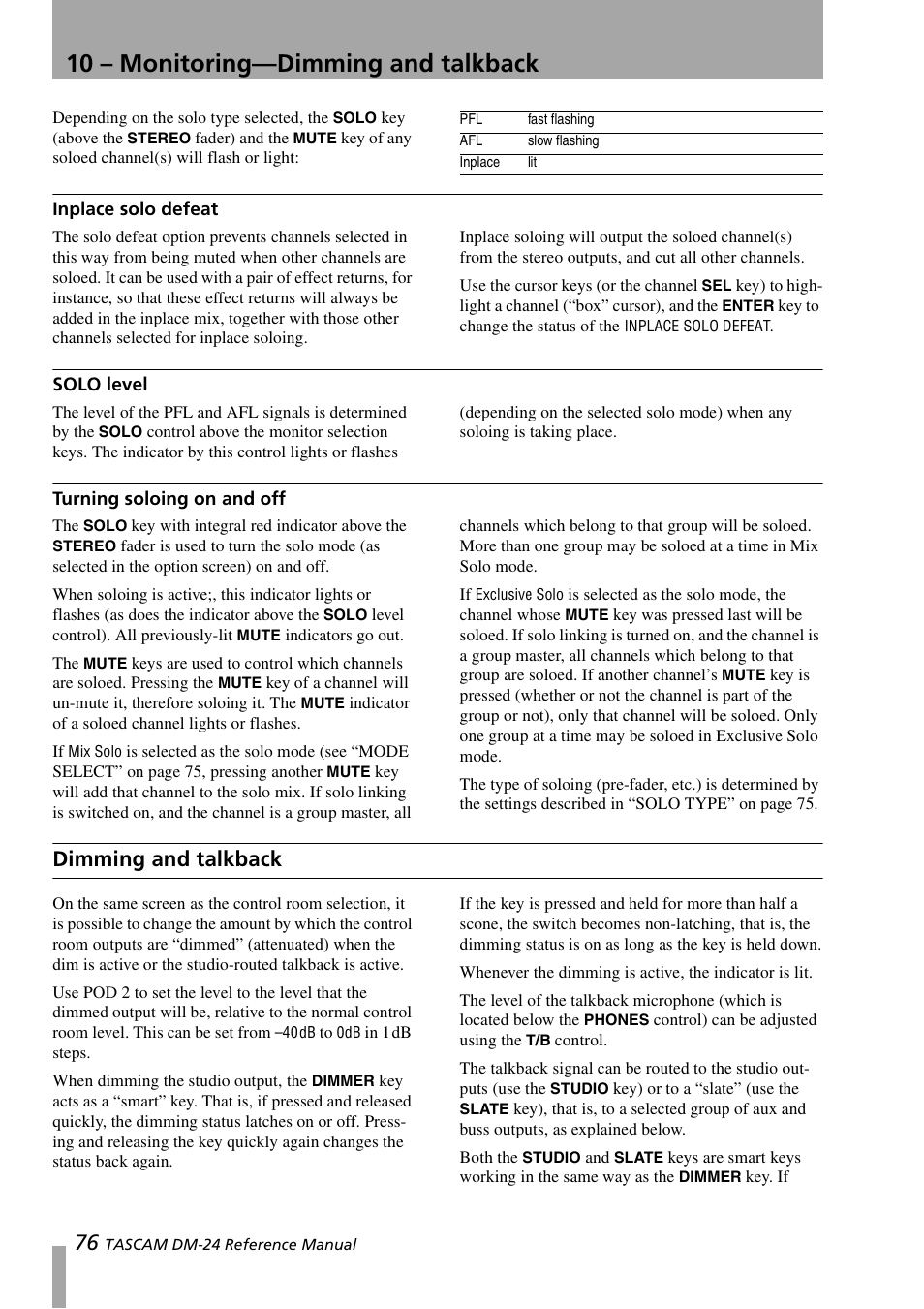 Inplace solo defeat, Solo level, Turning soloing on and off | Dimming and talkback, 10 – monitoring—dimming and talkback | Teac DM-24 User Manual | Page 76 / 146