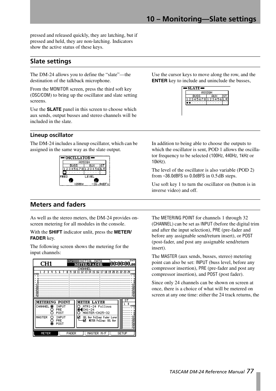 Slate settings, Lineup oscillator, Meters and faders | 10 – monitoring—slate settings | Teac DM-24 User Manual | Page 77 / 146