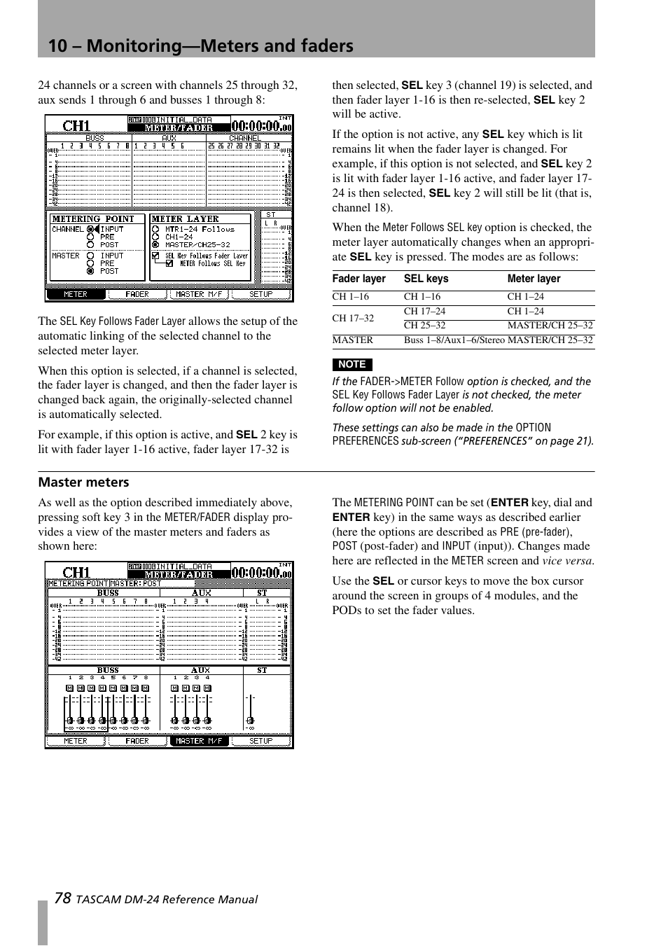 Master meters, 10 – monitoring—meters and faders | Teac DM-24 User Manual | Page 78 / 146