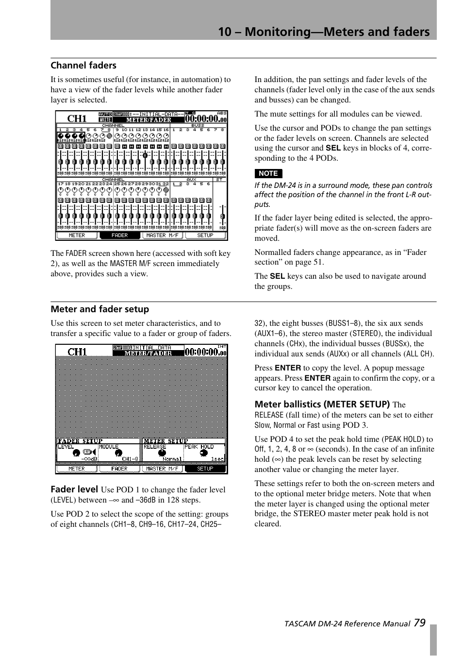 Channel faders, Meter and fader setup, Fader level | Meter ballistics (meter setup), Channel faders meter and fader setup, Fader level meter ballistics (meter setup), 10 – monitoring—meters and faders | Teac DM-24 User Manual | Page 79 / 146