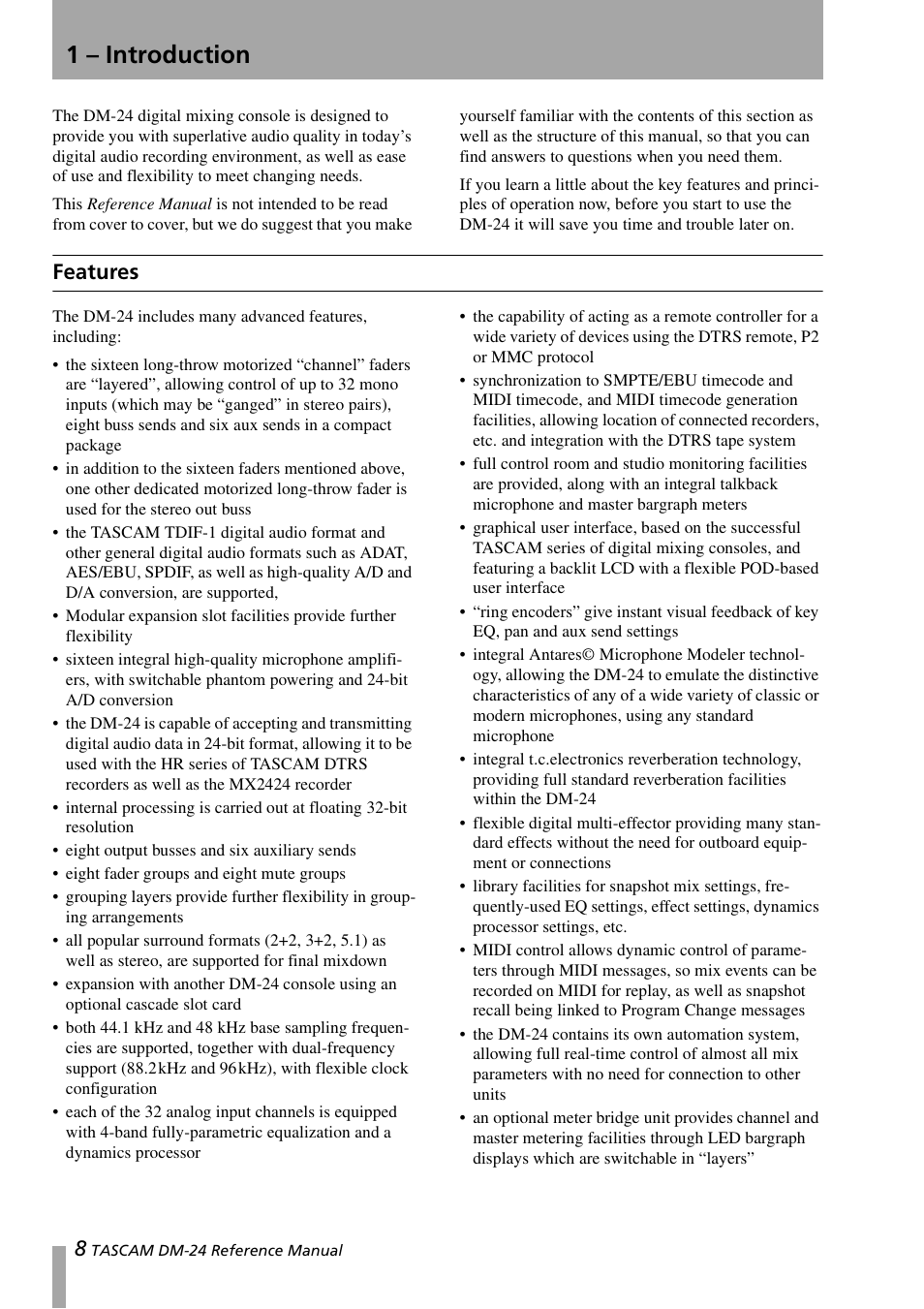 1 – introduction, Features | Teac DM-24 User Manual | Page 8 / 146