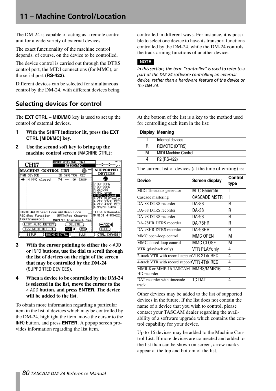 11 – machine control/location, Selecting devices for control | Teac DM-24 User Manual | Page 80 / 146