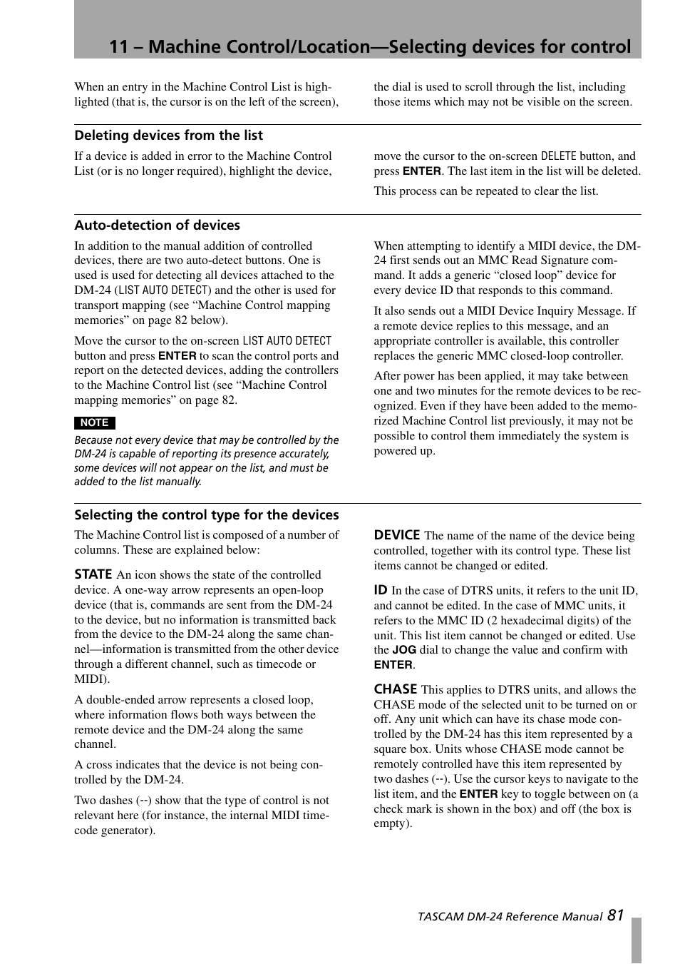 Deleting devices from the list, Auto-detection of devices, Selecting the control type for the devices | State, Device, Chase, State device id chase | Teac DM-24 User Manual | Page 81 / 146