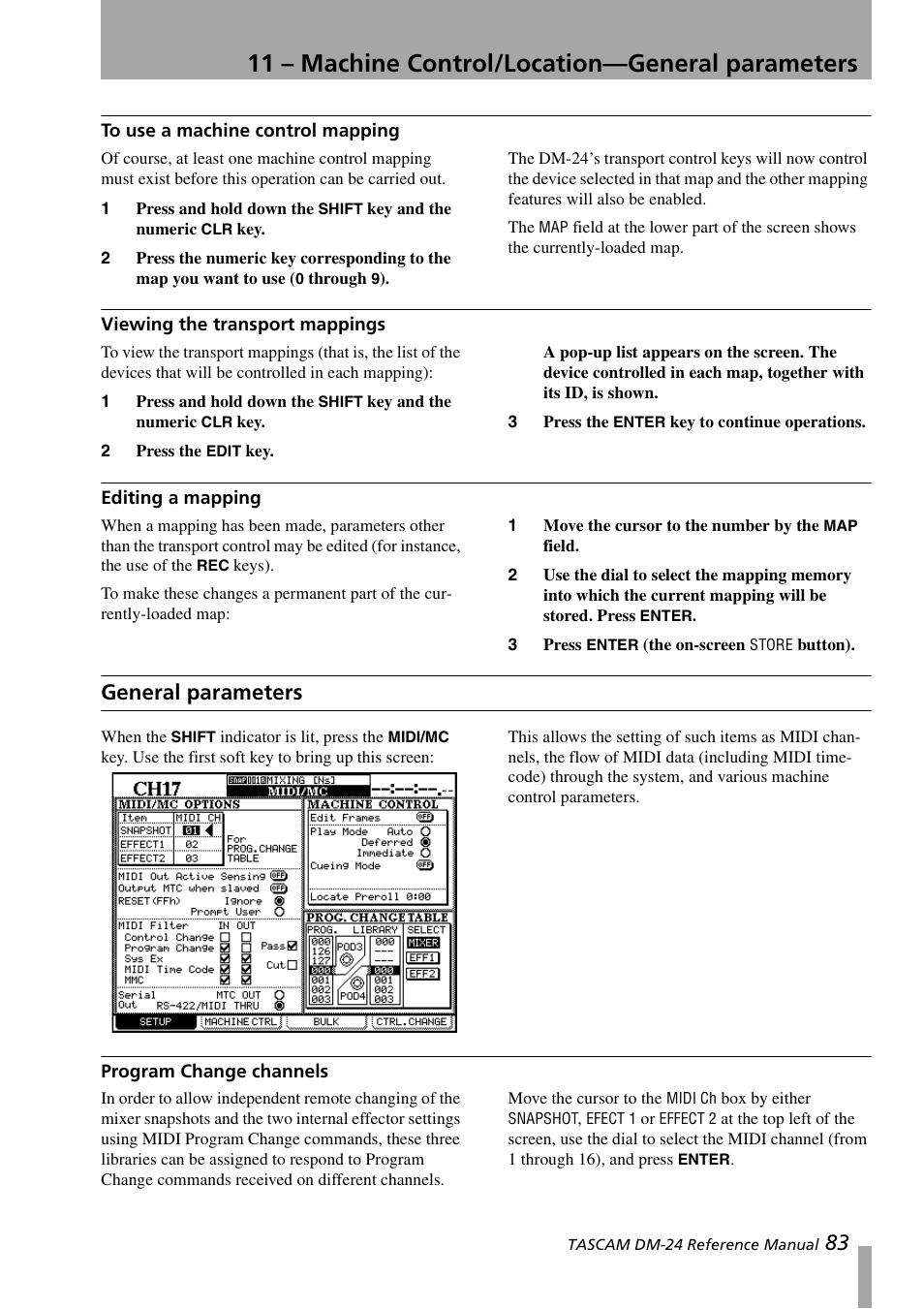 To use a machine control mapping, Viewing the transport mappings, Editing a mapping | General parameters, Program change channels, Viewing the transport mappings editing a mapping, 11 – machine control/location—general parameters | Teac DM-24 User Manual | Page 83 / 146