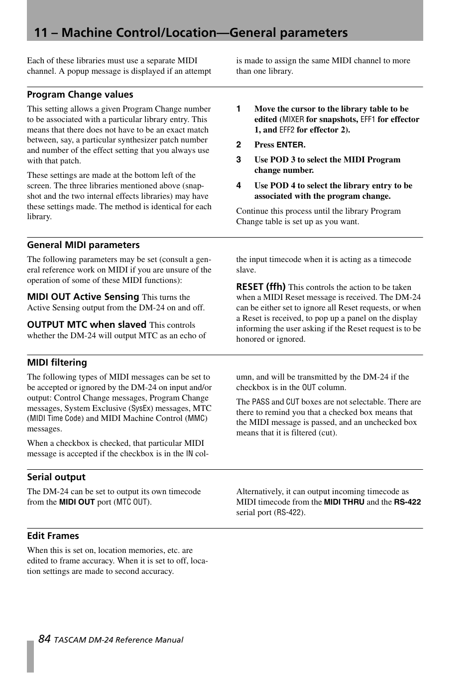 Program change values, General midi parameters, Midi out active sensing | Output mtc when slaved, Reset (ffh), Midi filtering, Serial output, Edit frames, Program change values general midi parameters, Serial output edit frames | Teac DM-24 User Manual | Page 84 / 146