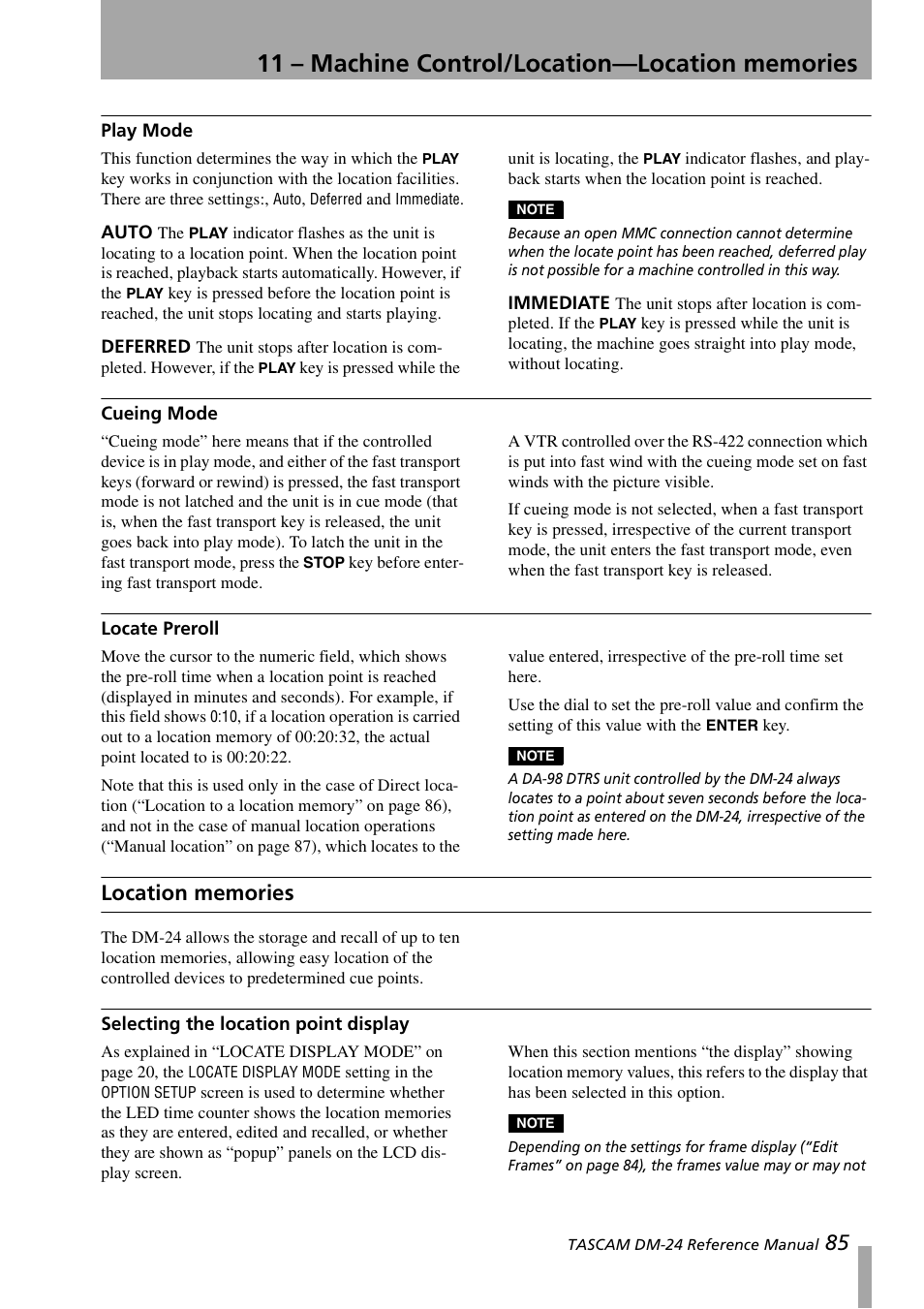 Play mode, Auto, Deferred | Immediate, Cueing mode, Locate preroll, Location memories, Selecting the location point display, Auto deferred immediate, Cueing mode locate preroll | Teac DM-24 User Manual | Page 85 / 146