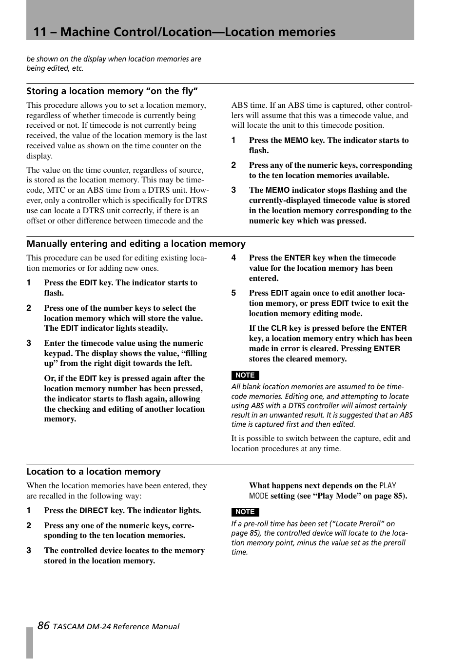 Storing a location memory “on the fly, Manually entering and editing a location memory, Location to a location memory | Memory | Teac DM-24 User Manual | Page 86 / 146