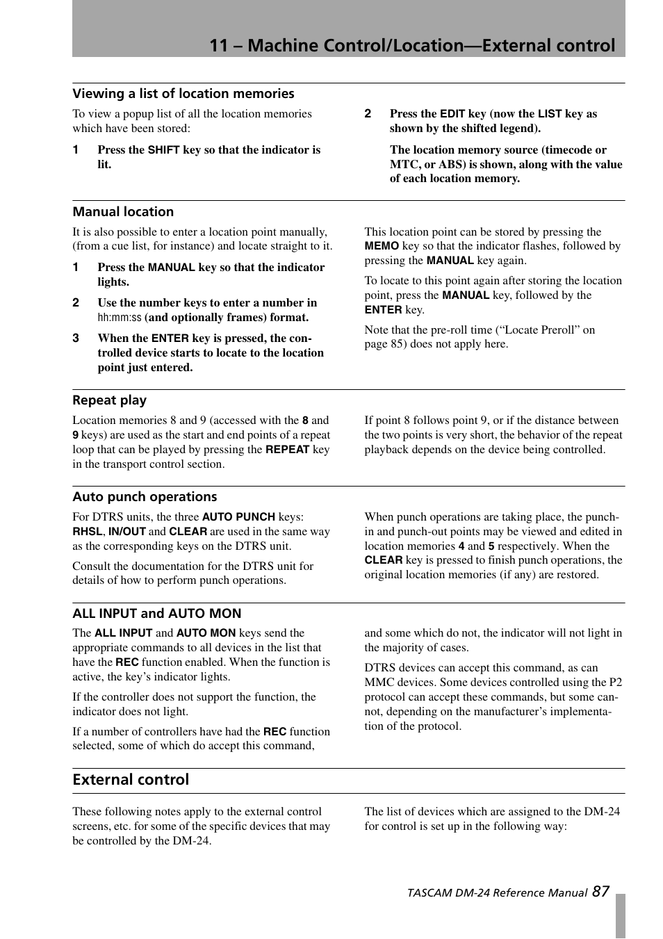 Viewing a list of location memories, Manual location, Repeat play | Auto punch operations, All input and auto mon, External control, Auto punch operations all input and auto mon, 11 – machine control/location—external control | Teac DM-24 User Manual | Page 87 / 146