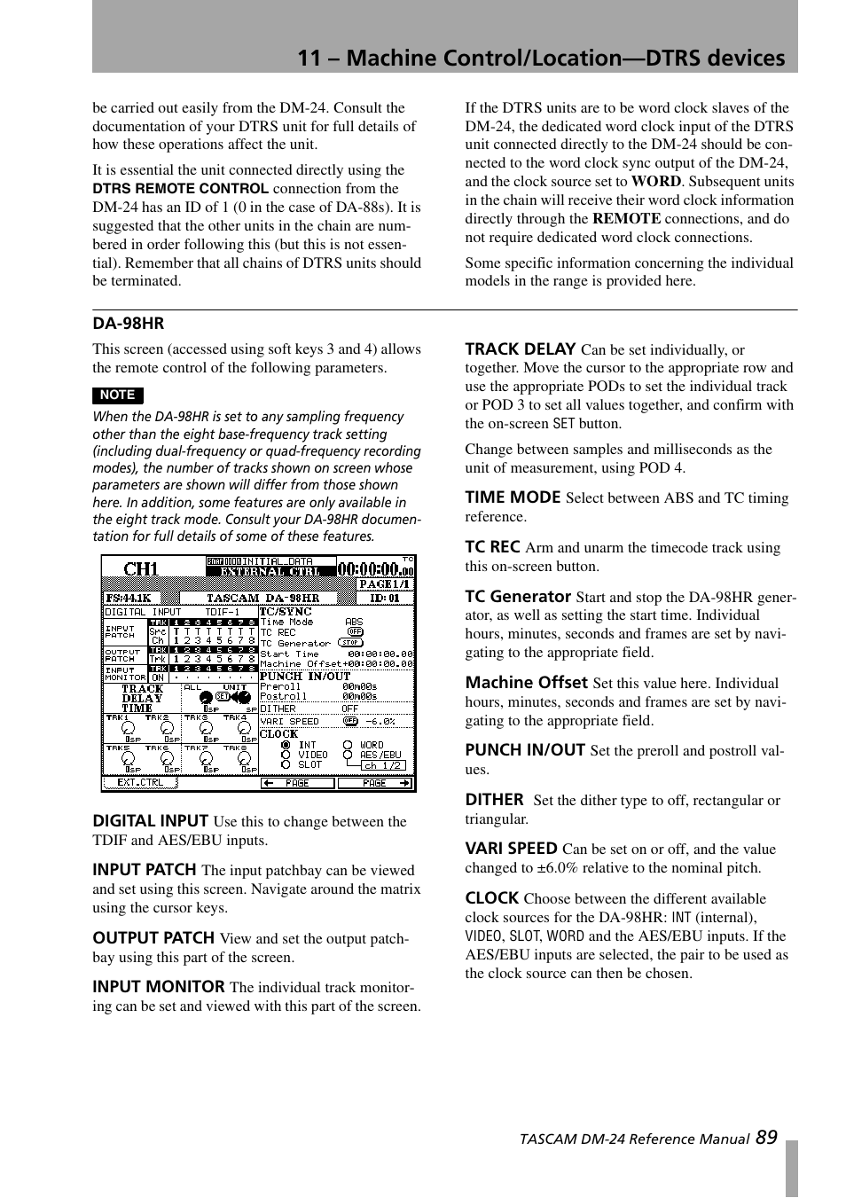 Da-98hr, Digital input, Input patch | Output patch, Input monitor, Track delay, Time mode, Tc rec, Tc generator, Machine offset | Teac DM-24 User Manual | Page 89 / 146