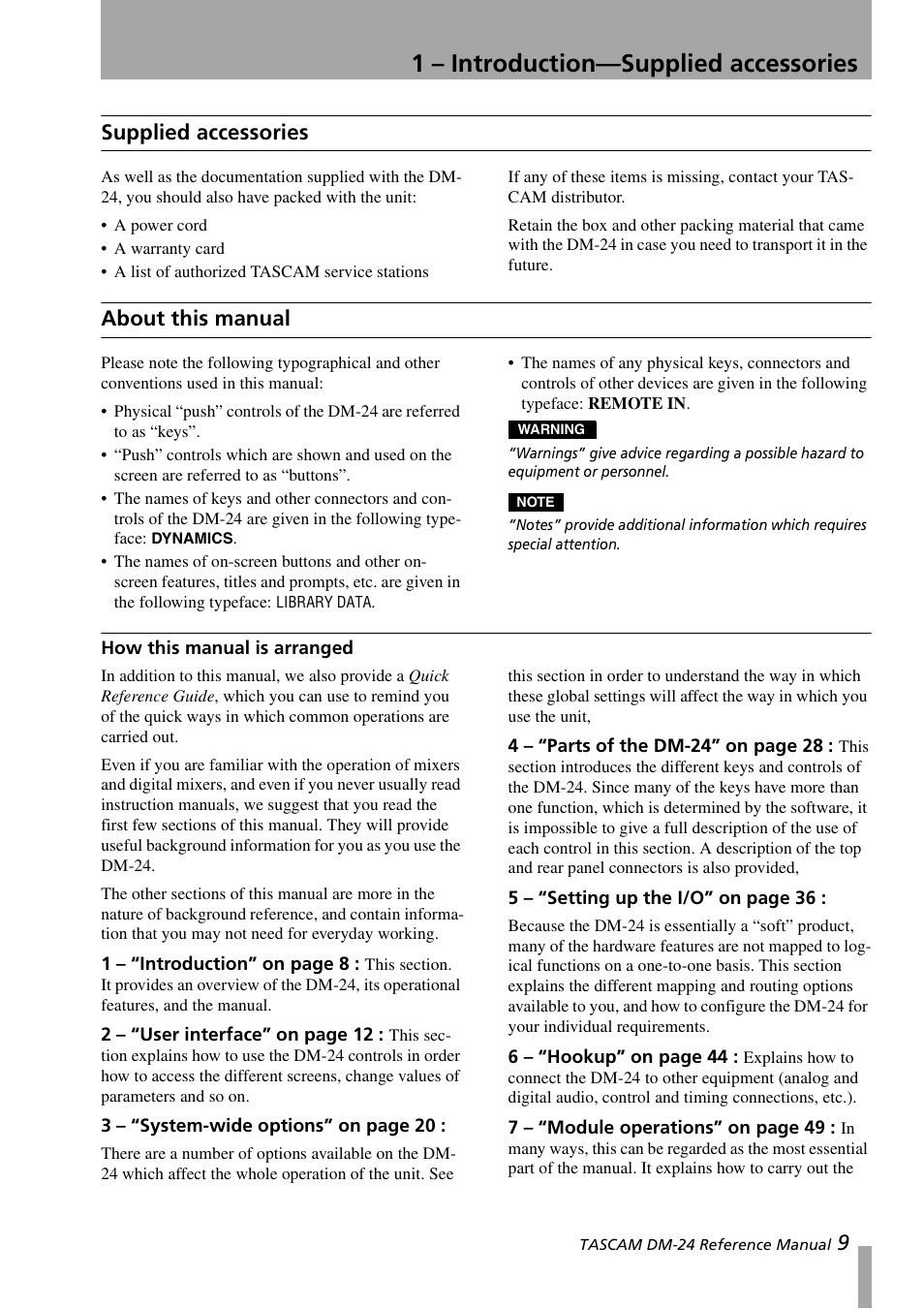 Supplied accessories, About this manual, How this manual is arranged | Supplied accessories about this manual, 1 – introduction—supplied accessories, 9supplied accessories | Teac DM-24 User Manual | Page 9 / 146