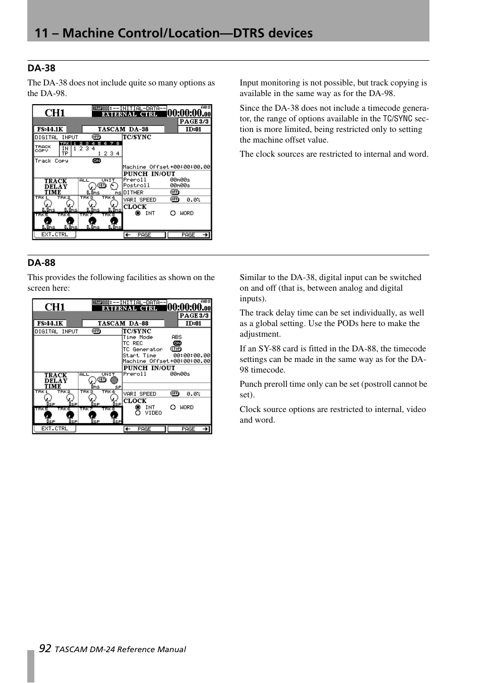 Da-38, Da-88, Da-38 da-88 | 11 – machine control/location—dtrs devices | Teac DM-24 User Manual | Page 92 / 146