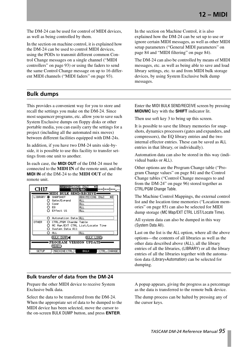 12 – midi, Bulk dumps, Bulk transfer of data from the dm-24 | Teac DM-24 User Manual | Page 95 / 146