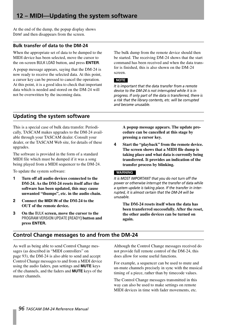 Bulk transfer of data to the dm-24, Updating the system software, Control change messages to and from the dm-24 | The dm-24, 12 – midi—updating the system software | Teac DM-24 User Manual | Page 96 / 146