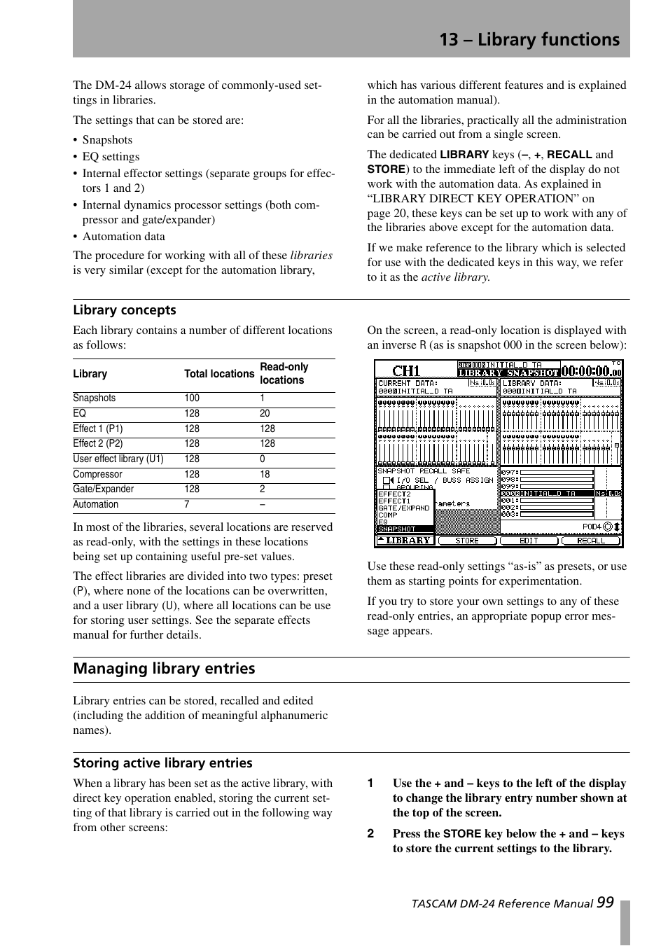 13 – library functions, Library concepts, Managing library entries | Storing active library entries | Teac DM-24 User Manual | Page 99 / 146