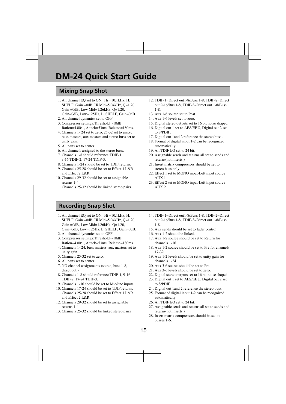 Dm-24 quick start guide, Mixing snap shot recording snap shot | Teac DM-24 Quick Start User Manual | Page 15 / 16