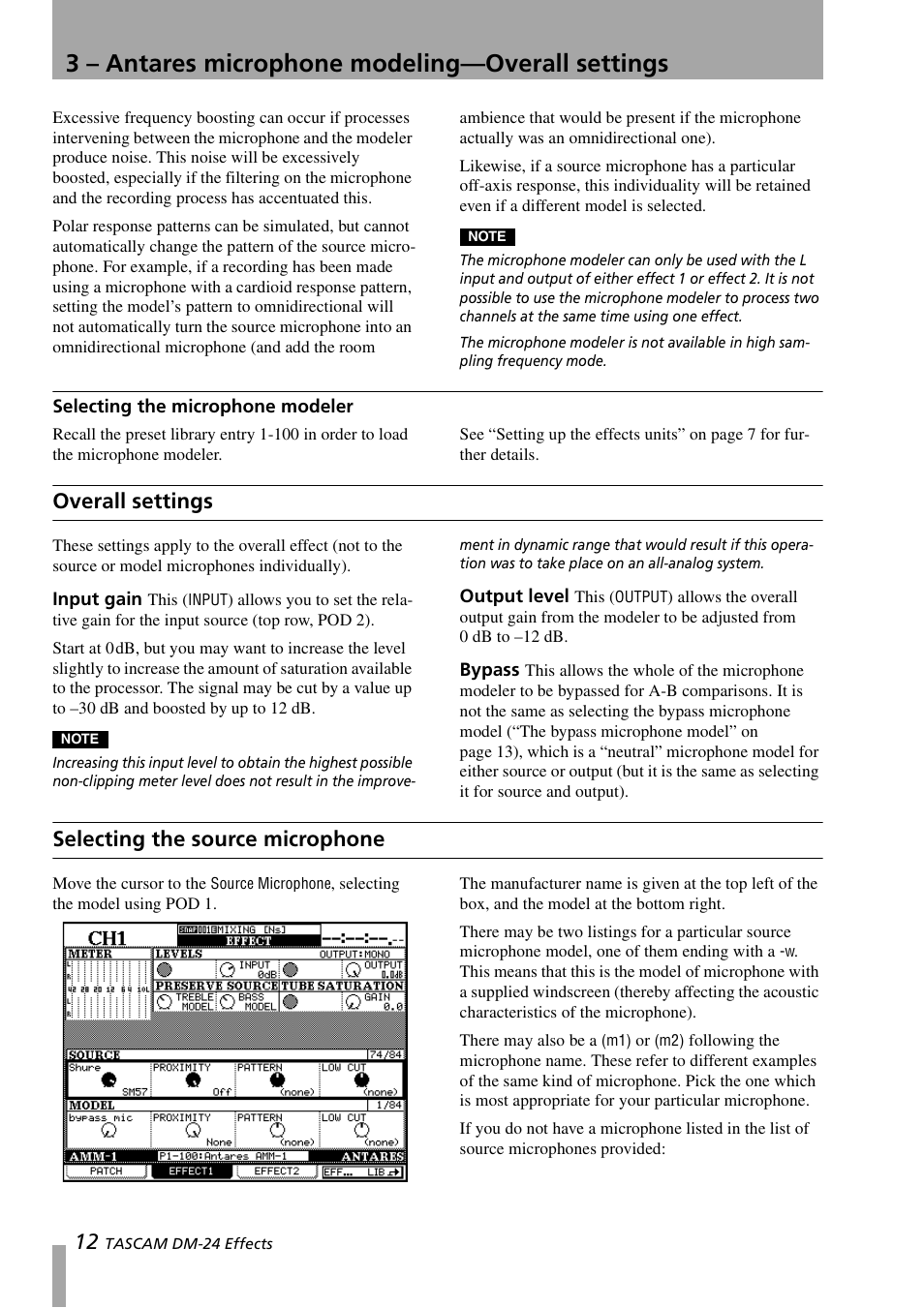 Selecting the microphone modeler, Overall settings, Input gain | Output level, Bypass, Selecting the source microphone, Input gain output level bypass, 3 – antares microphone modeling—overall settings | Teac DM-24 Effects Manual User Manual | Page 12 / 32