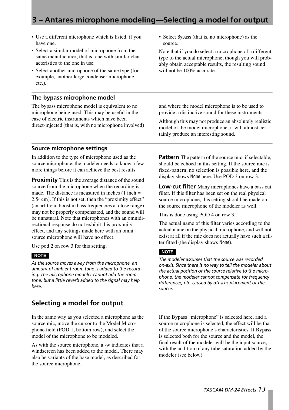 The bypass microphone model, Source microphone settings, Proximity | Pattern, Low-cut filter, Selecting a model for output, Proximity pattern low-cut filter | Teac DM-24 Effects Manual User Manual | Page 13 / 32