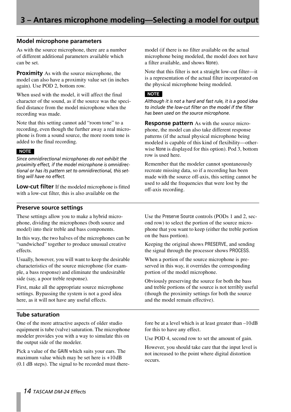 Model microphone parameters, Proximity, Low-cut filter | Response pattern, Preserve source settings, Tube saturation, Proximity low-cut filter response pattern, Preserve source settings tube saturation | Teac DM-24 Effects Manual User Manual | Page 14 / 32