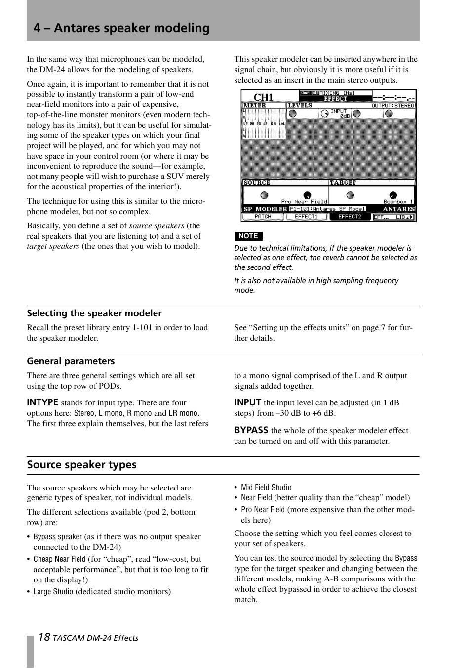 4 – antares speaker modeling, Selecting the speaker modeler, General parameters | Intype, Input, Bypass, Source speaker types, Selecting the speaker modeler general parameters, Intype input bypass | Teac DM-24 Effects Manual User Manual | Page 18 / 32