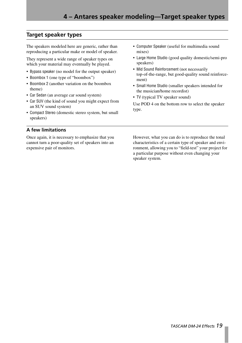 Target speaker types, A few limitations, 4 – antares speaker modeling—target speaker types | 19 target speaker types | Teac DM-24 Effects Manual User Manual | Page 19 / 32