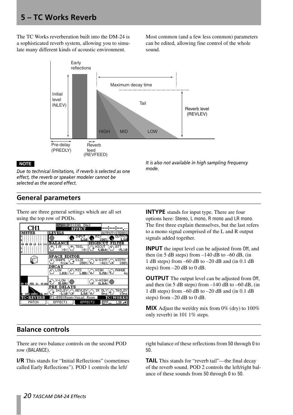 5 – tc works reverb, General parameters, Intype | Input, Output, Balance controls, Tail, Intype input output mix, I/r tail | Teac DM-24 Effects Manual User Manual | Page 20 / 32