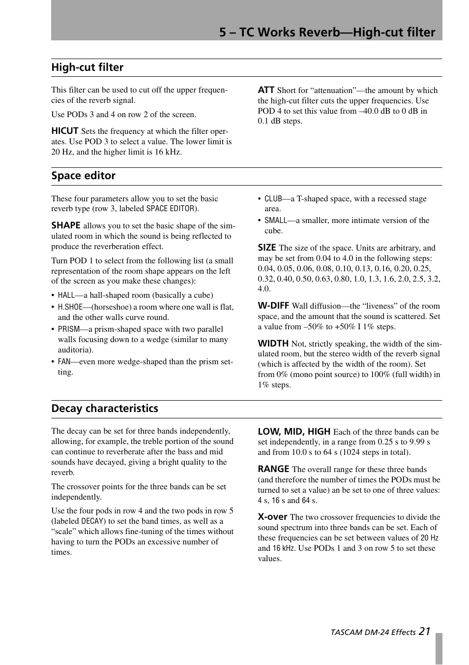 High-cut filter, Hicut, Space editor | Shape, Size, W-diff, Width, Decay characteristics, Low, mid, high, Range | Teac DM-24 Effects Manual User Manual | Page 21 / 32