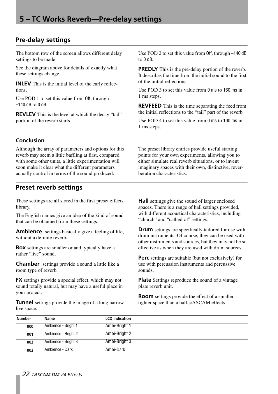 Pre-delay settings, Inlev, Revlev | Predly, Revfeed, Conclusion, Preset reverb settings, Ambience, Chamber, Tunnel | Teac DM-24 Effects Manual User Manual | Page 22 / 32