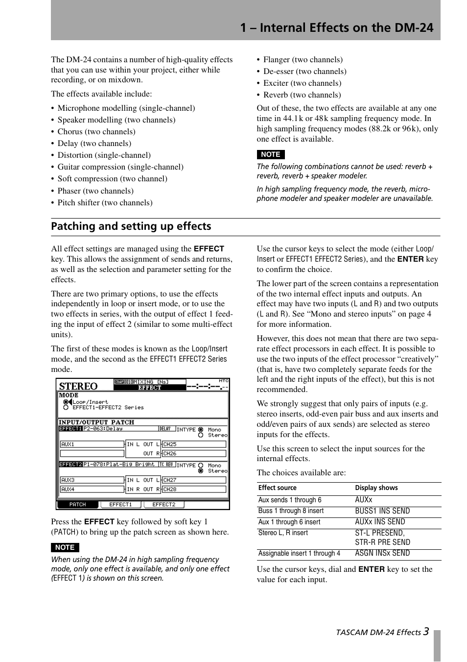 1 – internal effects on the dm-24, Patching and setting up effects | Teac DM-24 Effects Manual User Manual | Page 3 / 32