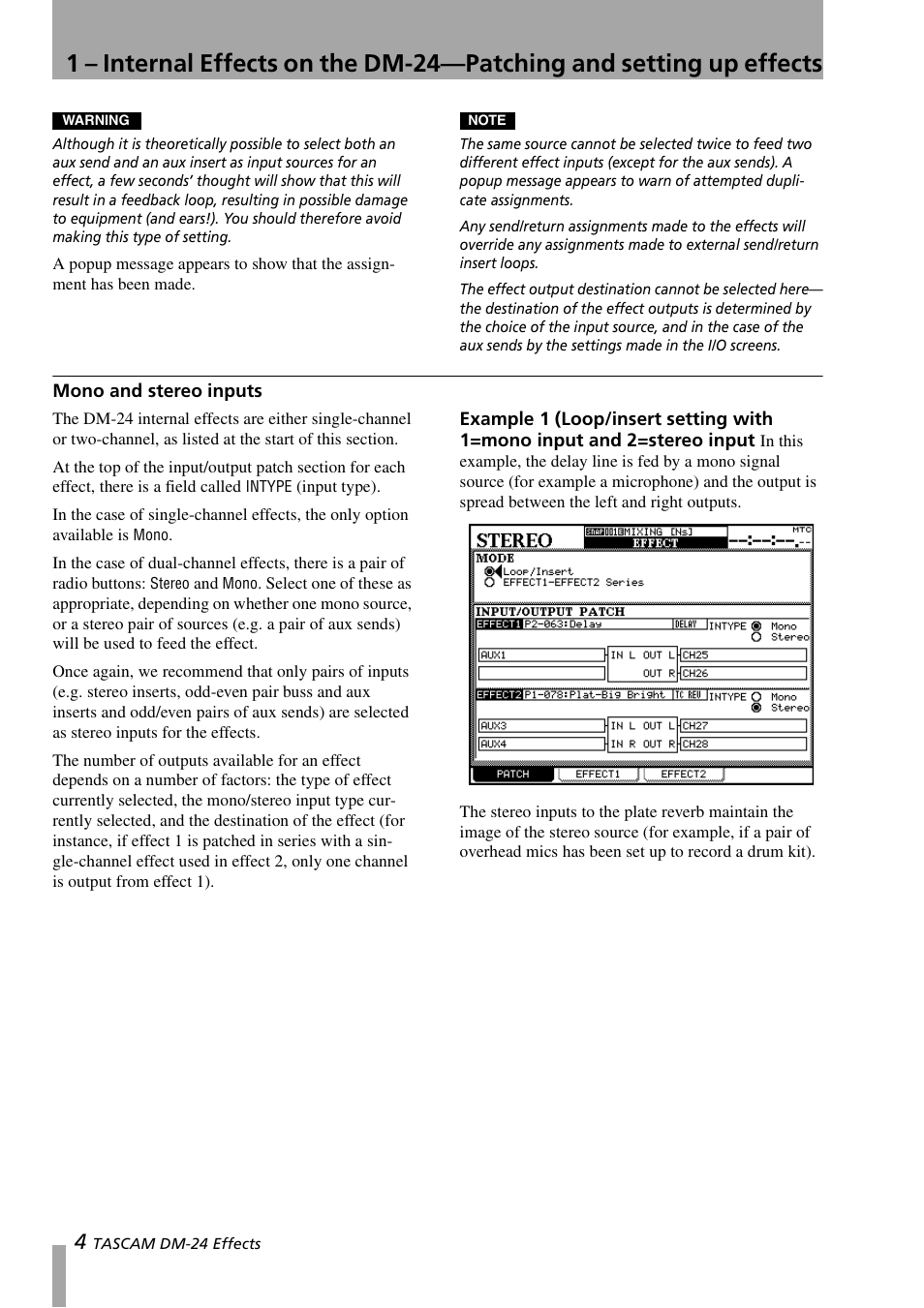 Mono and stereo inputs, Example 1 (loop/insert setting with, 1=mono input and 2=stereo input | Teac DM-24 Effects Manual User Manual | Page 4 / 32