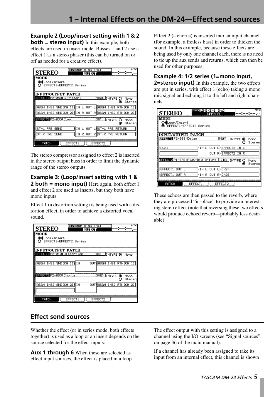 Effect send sources, Aux 1 through 6, Example 2 (loop/insert setting with | 1 & 2 both = stereo input), Example 3: (loop/insert setting with, 1 & 2 both = mono input), Example 4: 1/2 series (1=mono input, 2=stereo input) | Teac DM-24 Effects Manual User Manual | Page 5 / 32