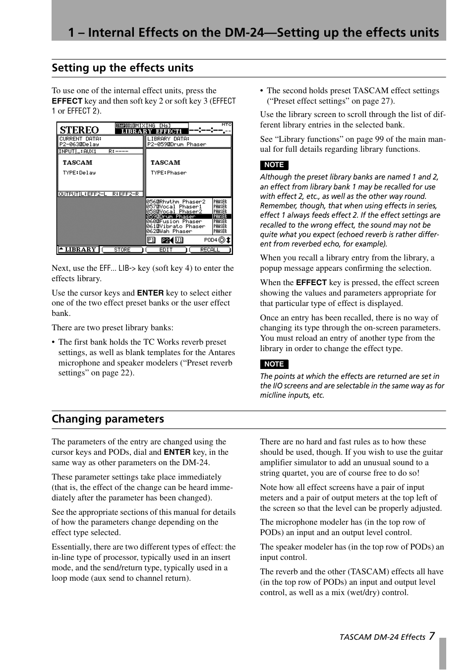 Setting up the effects units, Changing parameters, Setting up the effects units changing parameters | 7setting up the effects units | Teac DM-24 Effects Manual User Manual | Page 7 / 32