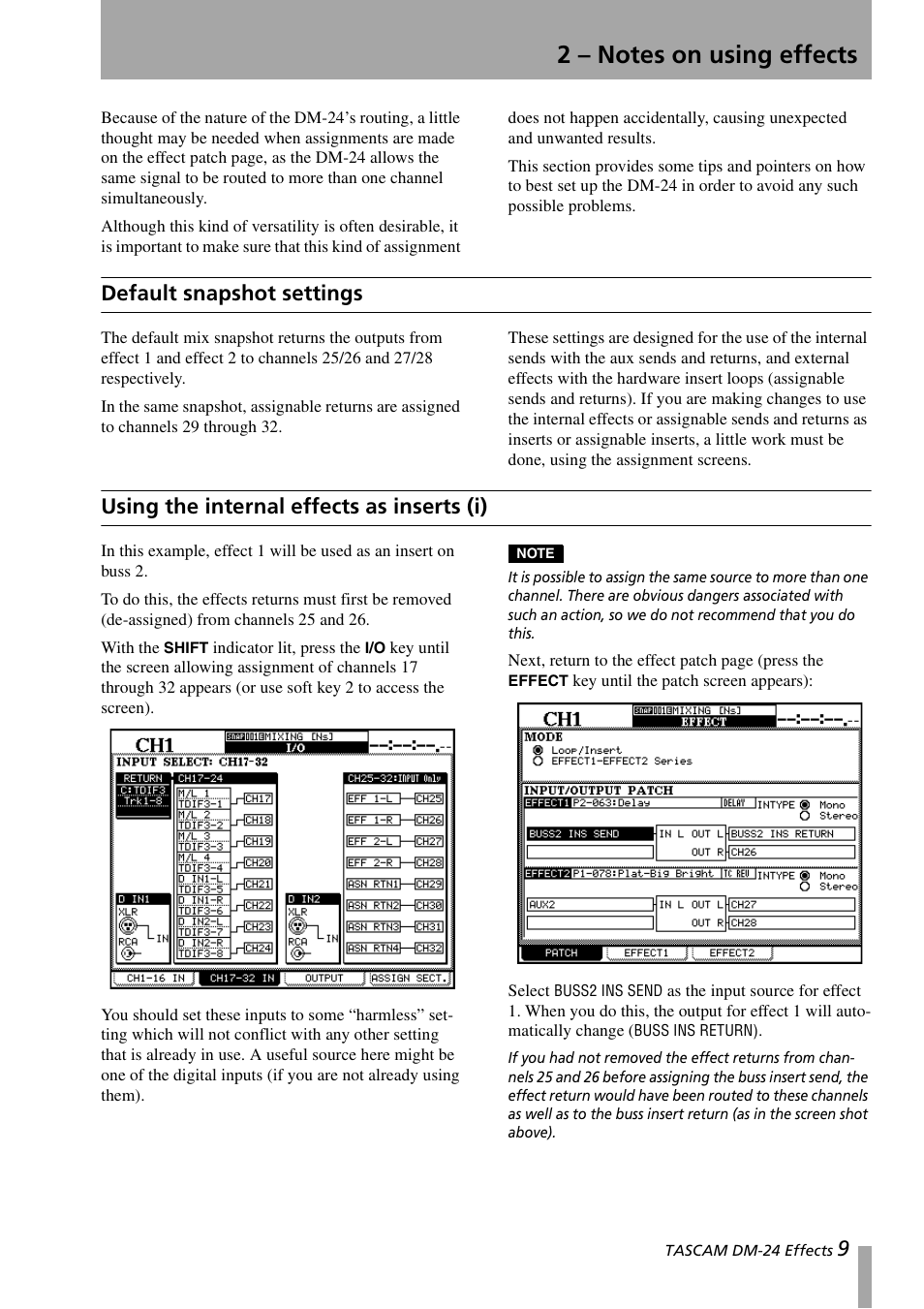 2 – notes on using effects, Default snapshot settings, Using the internal effects as inserts (i) | Teac DM-24 Effects Manual User Manual | Page 9 / 32