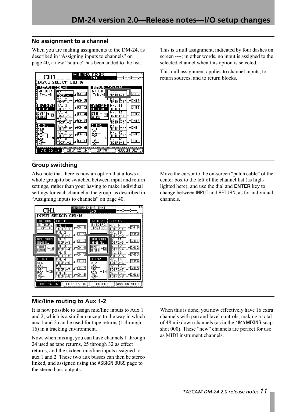 No assignment to a channel, Group switching, Mic/line routing to aux 1-2 | Teac DM-24 Addendum User Manual | Page 11 / 28