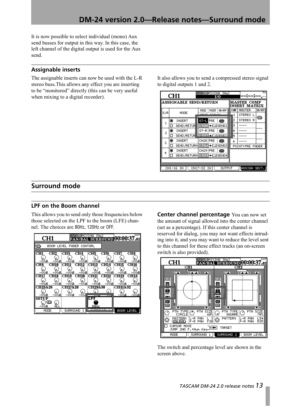 Assignable inserts, Surround mode, Lpf on the boom channel | Center channel percentage | Teac DM-24 Addendum User Manual | Page 13 / 28