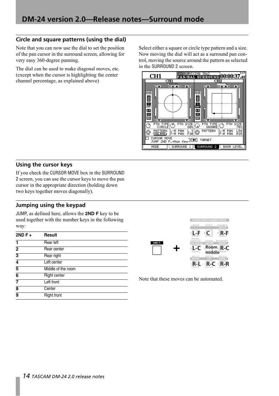 Circle and square patterns (using the dial), Using the cursor keys, Jumping using the keypad | Teac DM-24 Addendum User Manual | Page 14 / 28