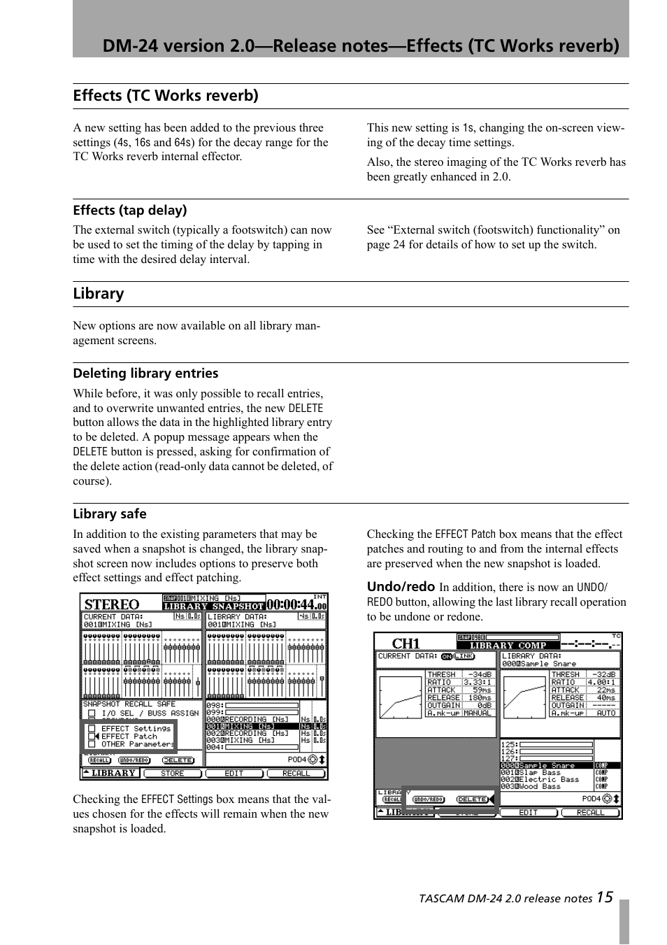 Effects (tc works reverb), Effects (tap delay), Library | Deleting library entries, Library safe, Undo/redo, Deleting library entries library safe | Teac DM-24 Addendum User Manual | Page 15 / 28