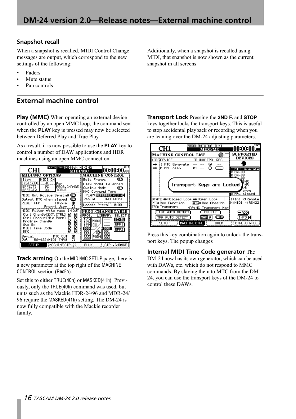 Snapshot recall, External machine control, Play (mmc) | Track arming, Transport lock, Internal midi time code generator | Teac DM-24 Addendum User Manual | Page 16 / 28