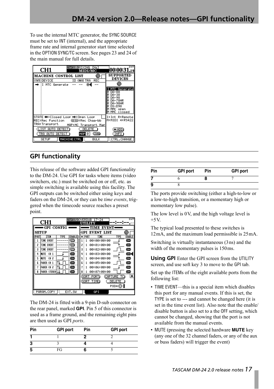 Gpi functionality, Using gpi | Teac DM-24 Addendum User Manual | Page 17 / 28