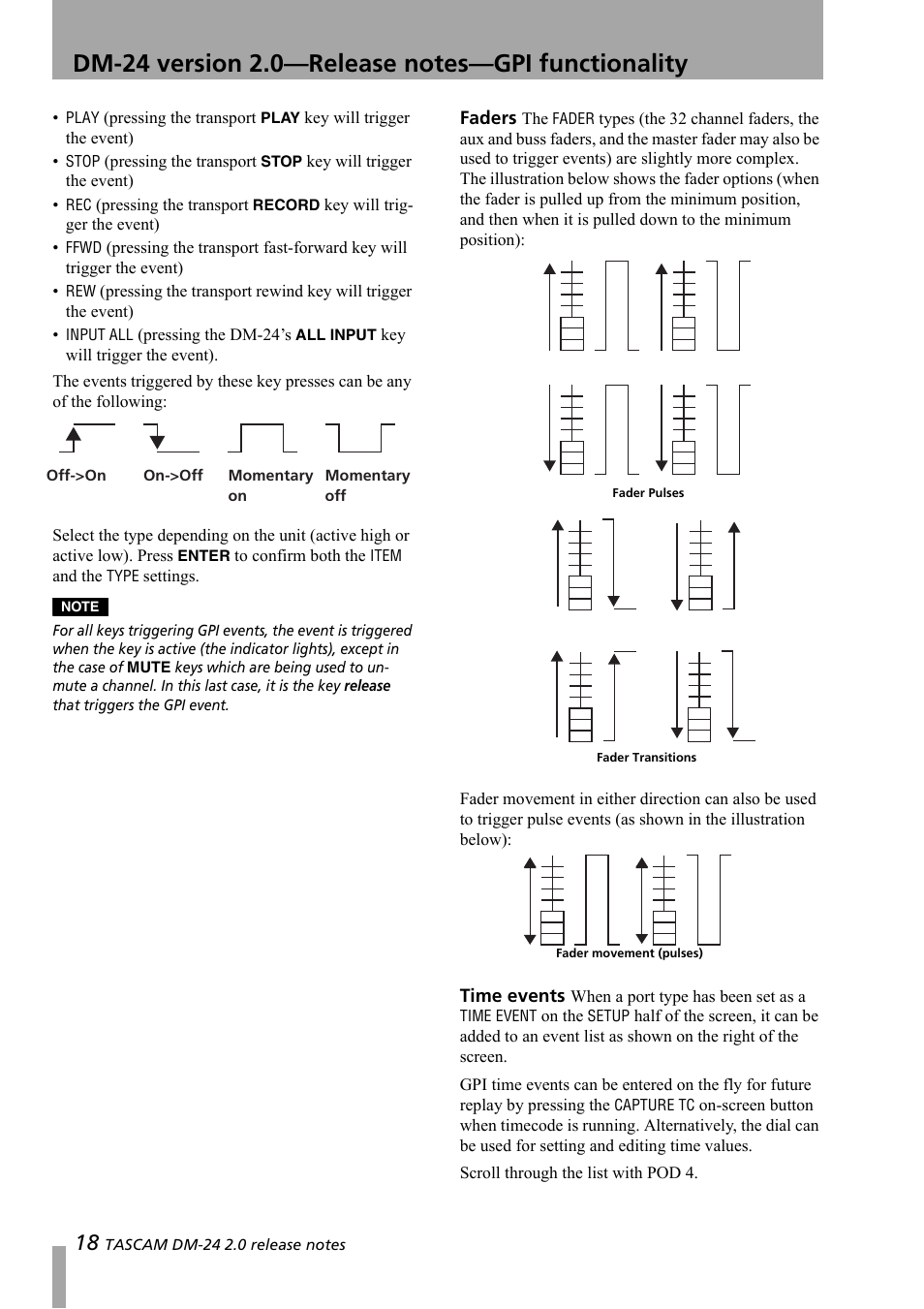 Faders, Time events, Faders time events | Teac DM-24 Addendum User Manual | Page 18 / 28