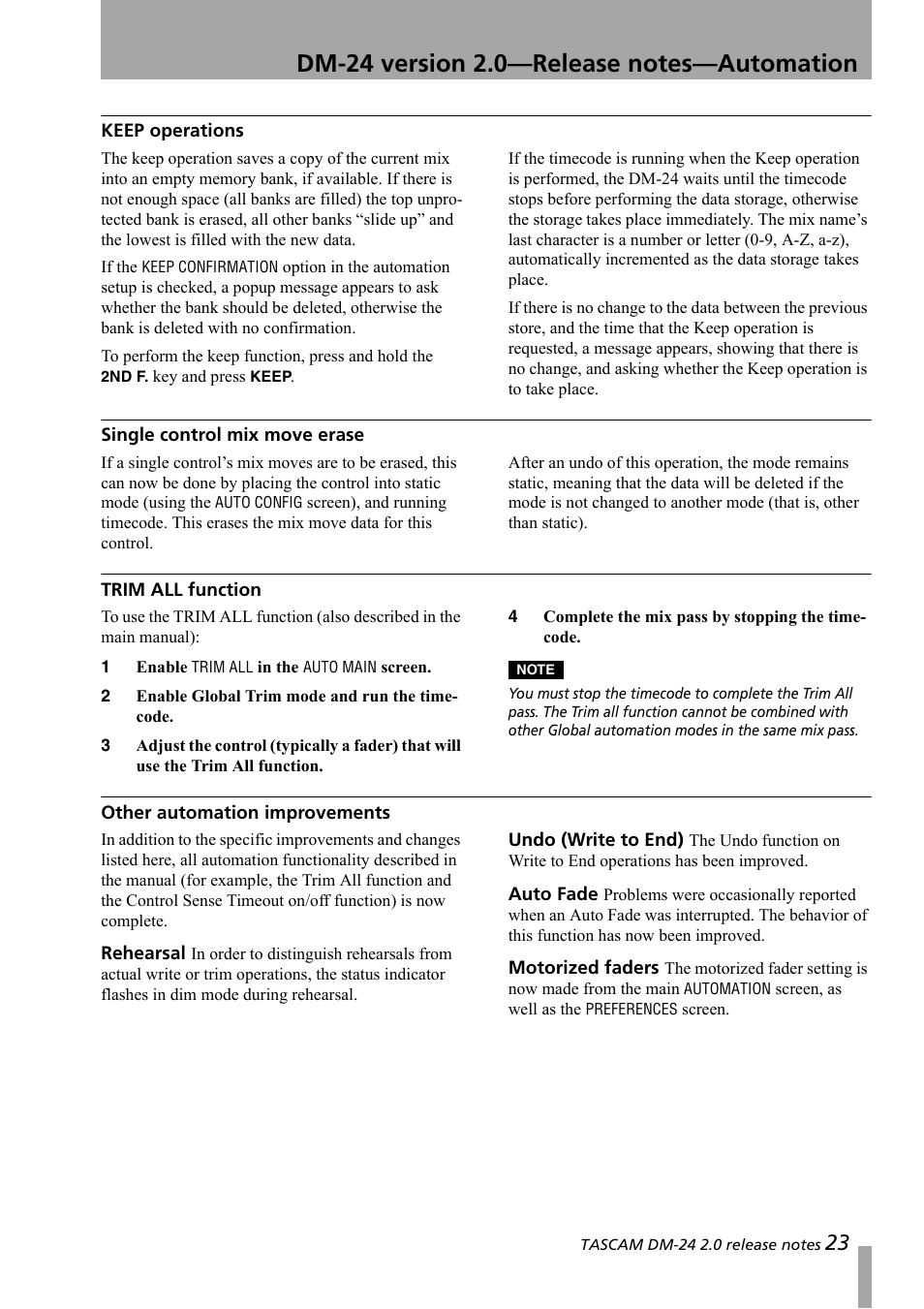 Keep operations, Single control mix move erase, Trim all function | Other automation improvements, Rehearsal, Undo (write to end), Auto fade, Motorized faders | Teac DM-24 Addendum User Manual | Page 23 / 28