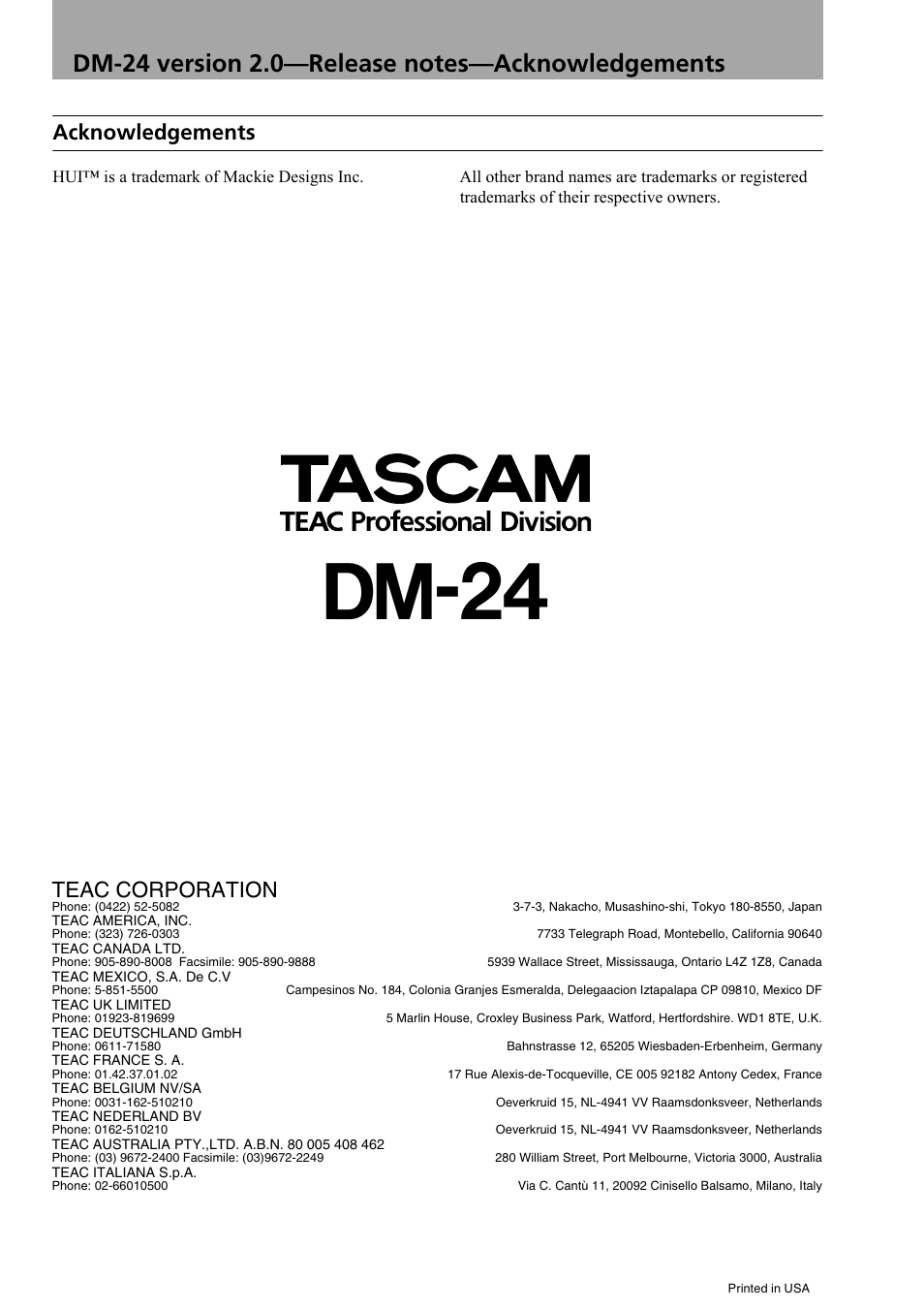 Acknowledgements, Dm-24, Teac corporation | Teac DM-24 Addendum User Manual | Page 28 / 28