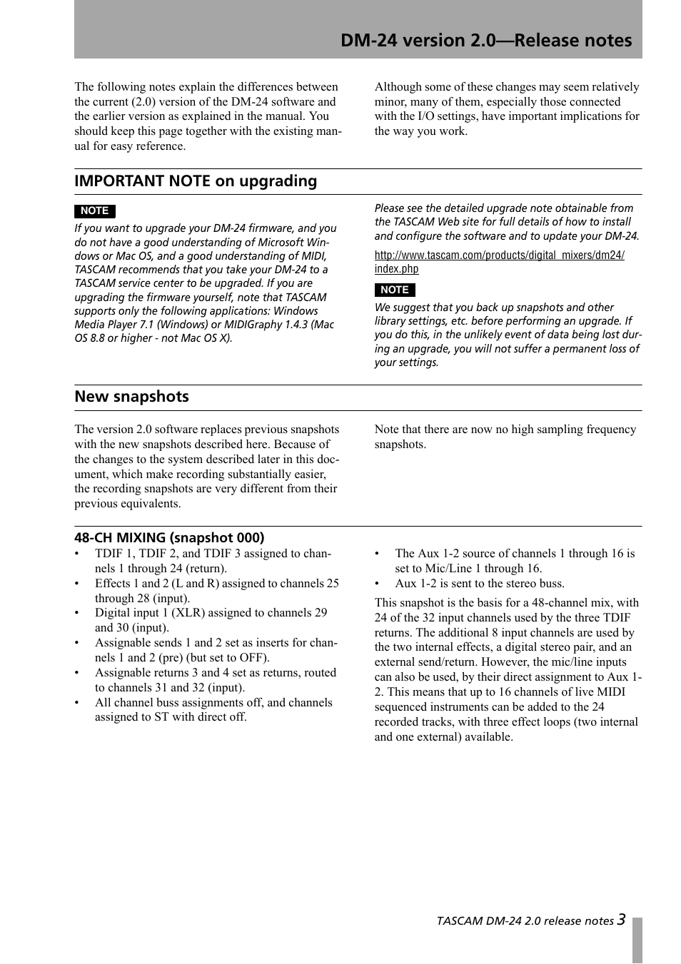 Dm-24 version 2.0—release notes, Important note on upgrading, New snapshots | Ch mixing (snapshot 000) | Teac DM-24 Addendum User Manual | Page 3 / 28