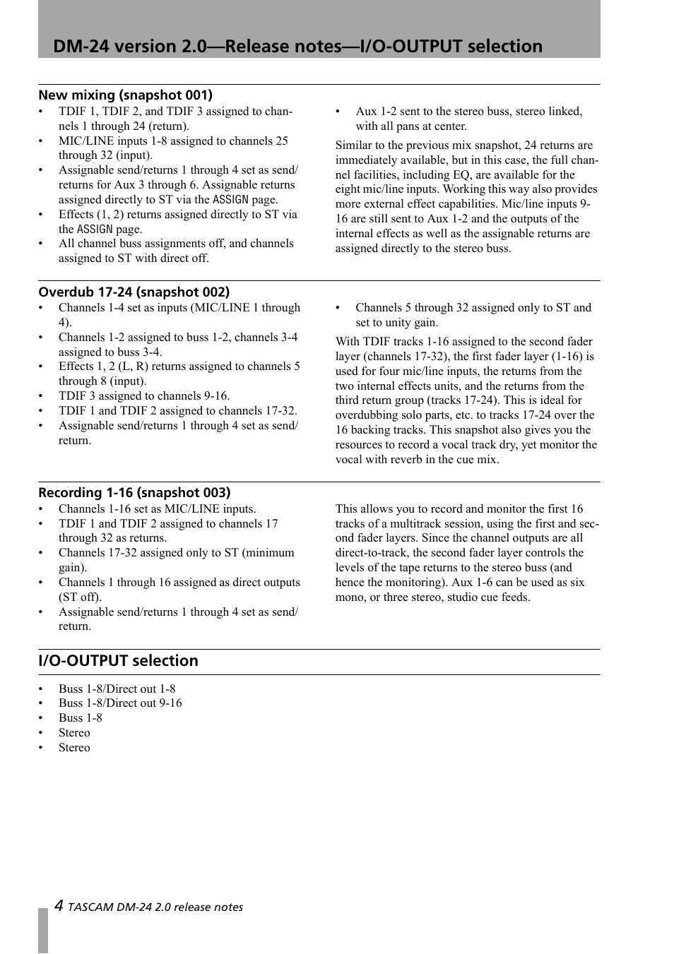 New mixing (snapshot 001), Overdub 17-24 (snapshot 002), Recording 1-16 (snapshot 003) | I/o-output selection | Teac DM-24 Addendum User Manual | Page 4 / 28