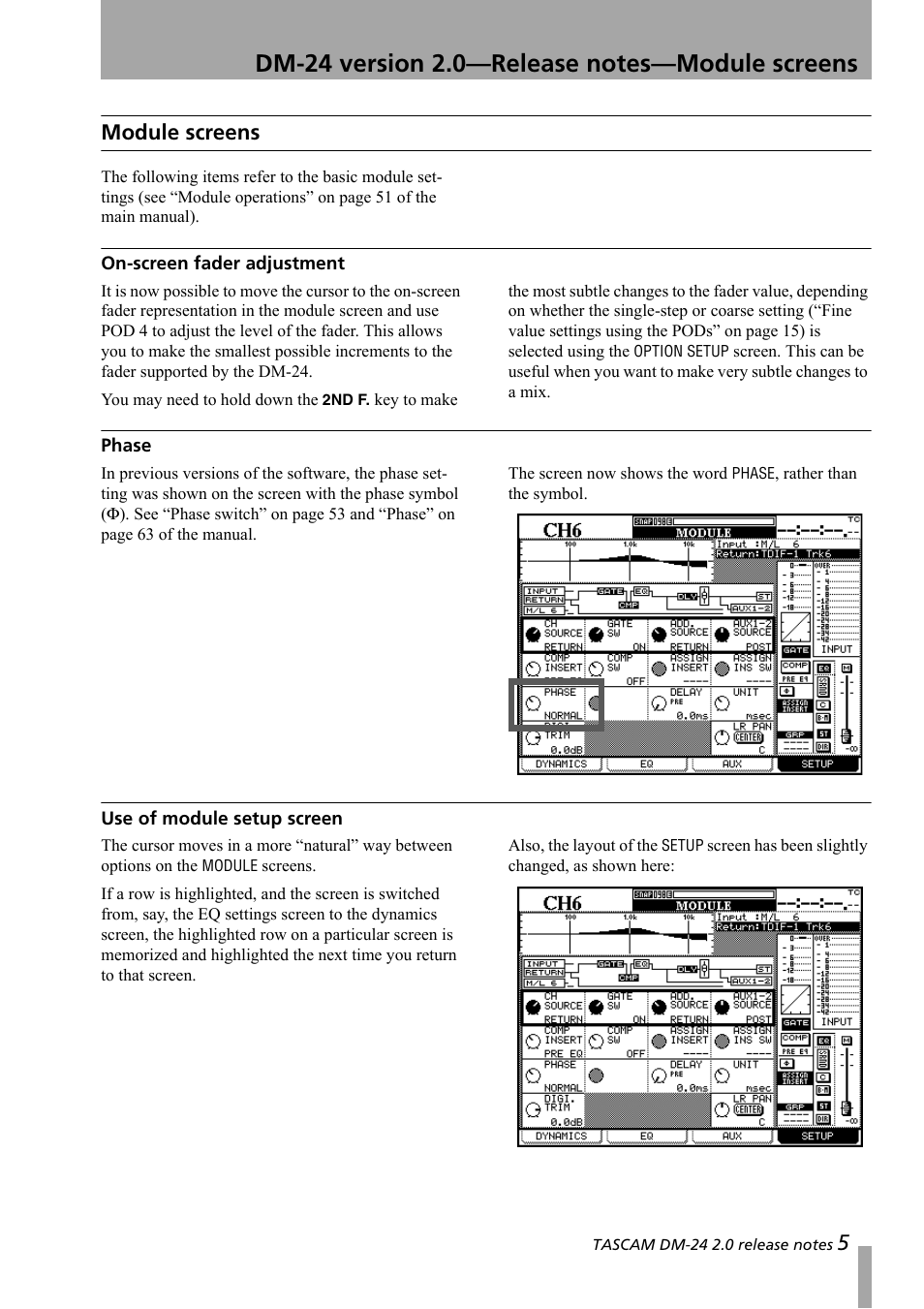 Module screens, On-screen fader adjustment, Phase | Use of module setup screen | Teac DM-24 Addendum User Manual | Page 5 / 28