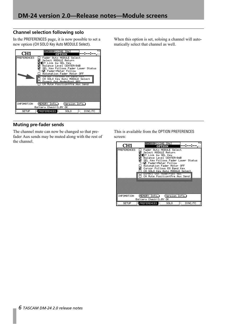 Channel selection following solo, Muting pre-fader sends | Teac DM-24 Addendum User Manual | Page 6 / 28