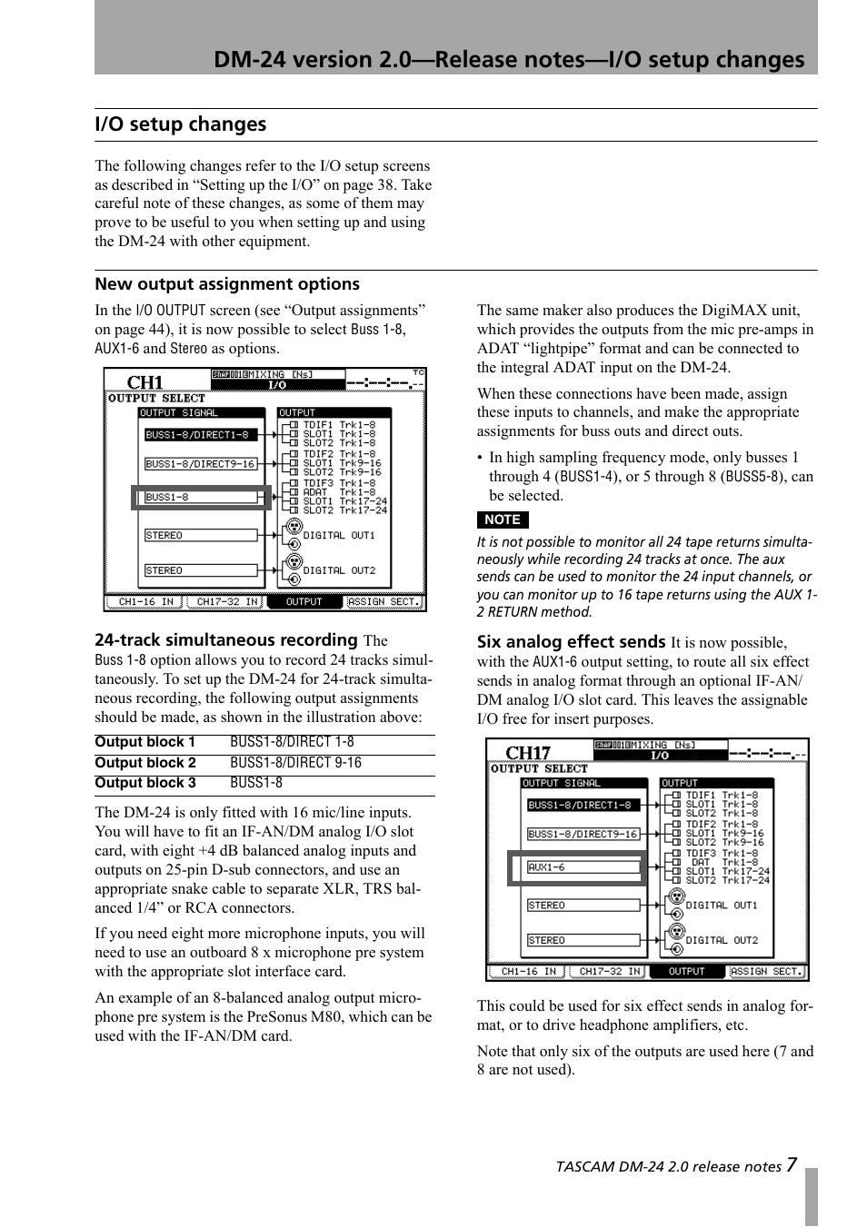 I/o setup changes, New output assignment options, Track simultaneous recording | Six analog effect sends | Teac DM-24 Addendum User Manual | Page 7 / 28