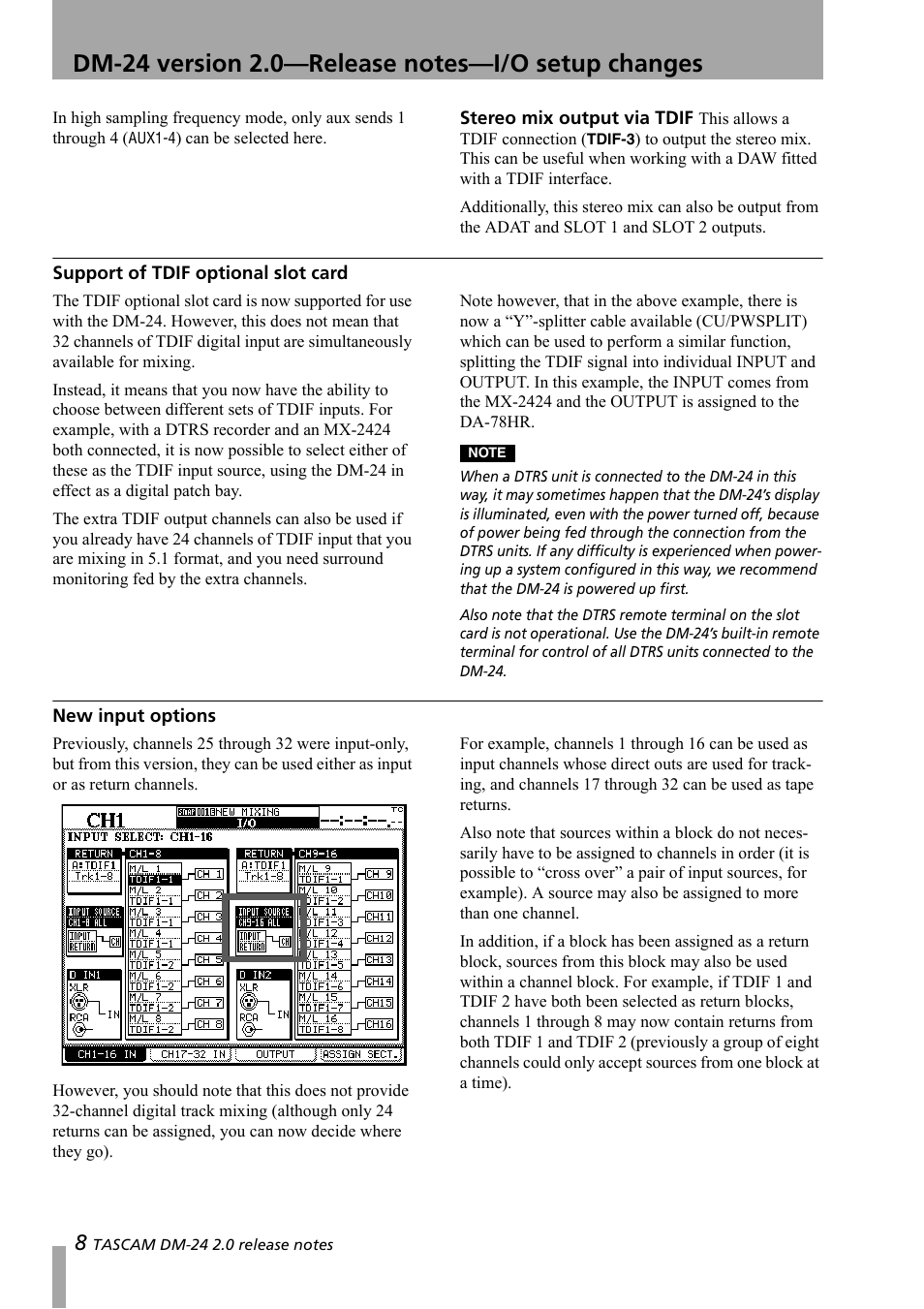 Stereo mix output via tdif, Support of tdif optional slot card, New input options | Teac DM-24 Addendum User Manual | Page 8 / 28